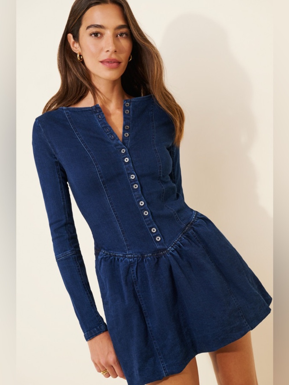 Free People We The Free‎ Kent Denim Mini Dress Drop Waist Long Sleeve  - XSmall